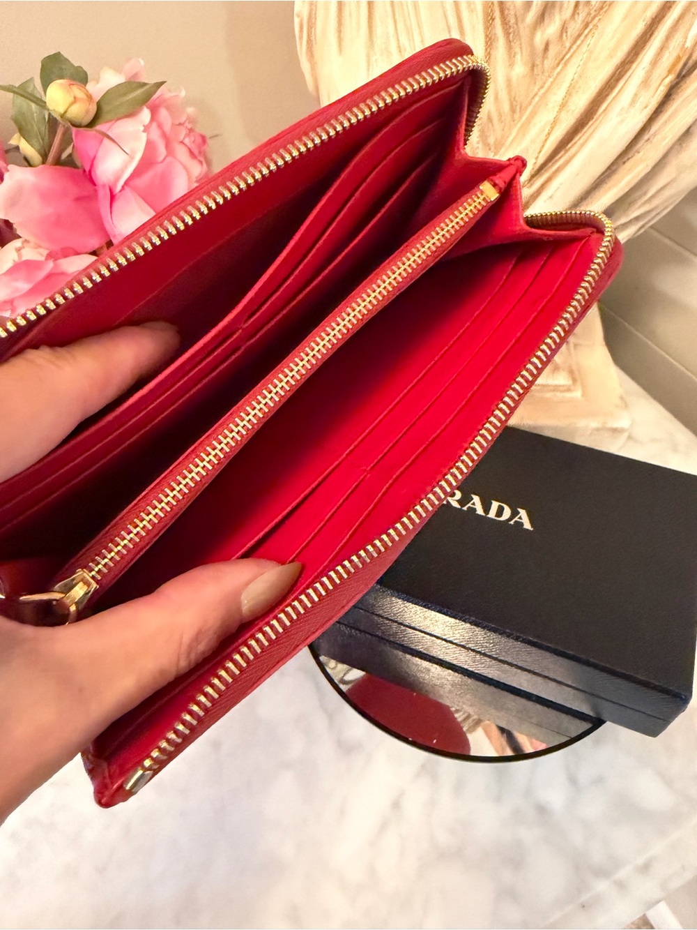 Prada Epi leather Red Textured Zip-Around Wallet with Gold Logo - Picture 14 of 17